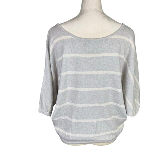 Beyond Vintage Gray Knit White Stripe Silver Sparkle Short Dolman Sleeve Sweater - Picture 3 of 12